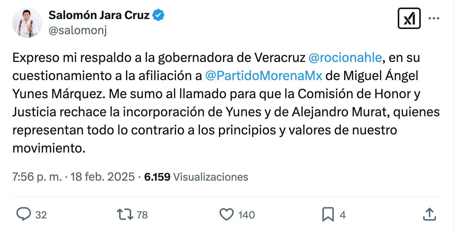 Salomón Jara respalda a Rocío Nahle