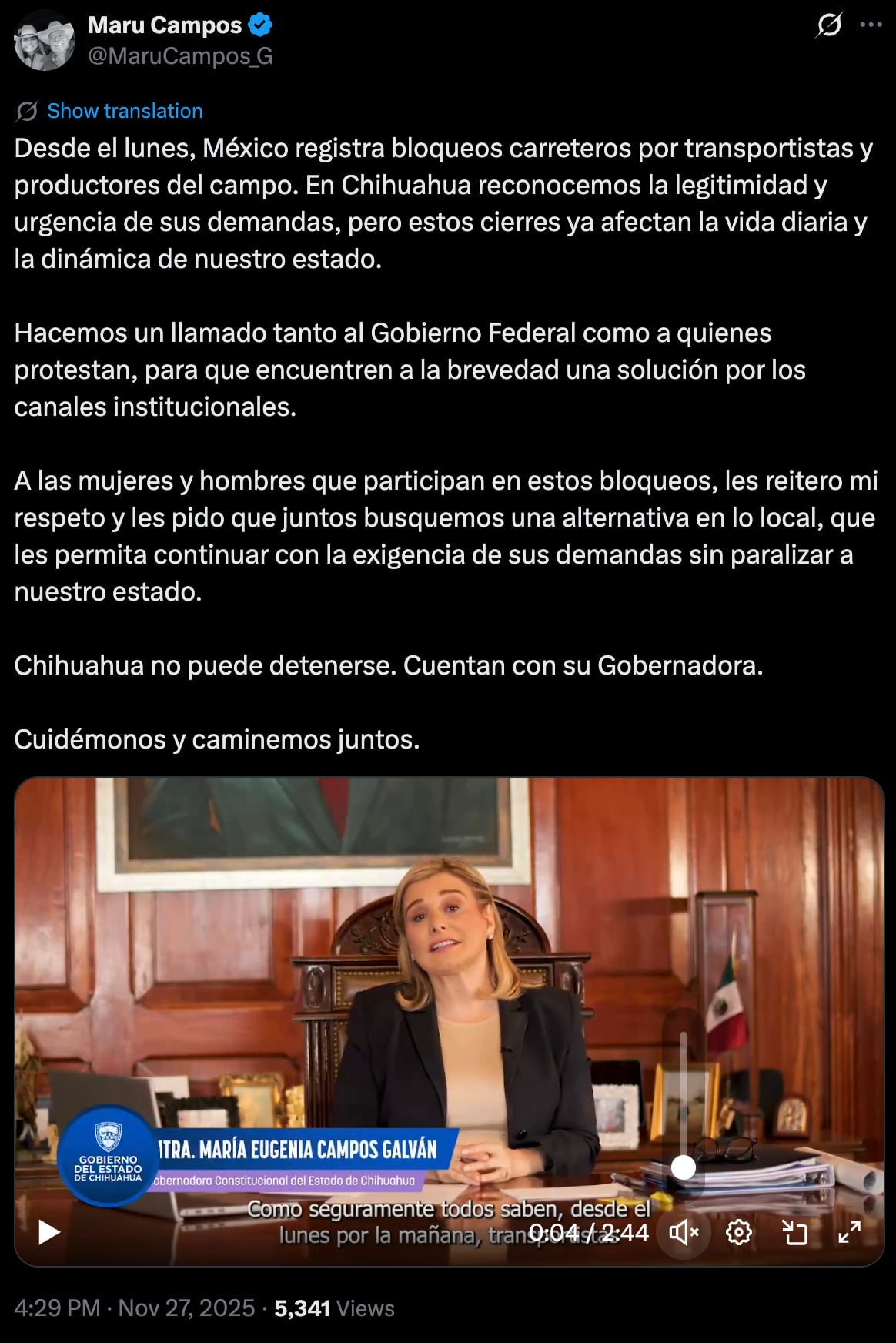 Maru Campos pide detener bloqueos en Chihuahua.