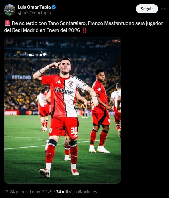 Franco Mastantuono ficharía con el Real Madrid