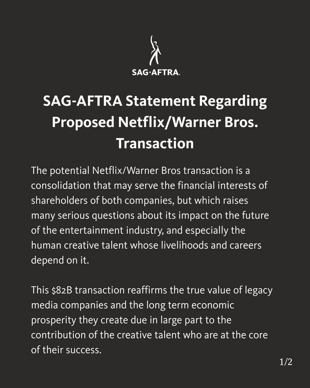 Sindicato de Actores exige a Netflix mejoras laborales por adquisición de Warner