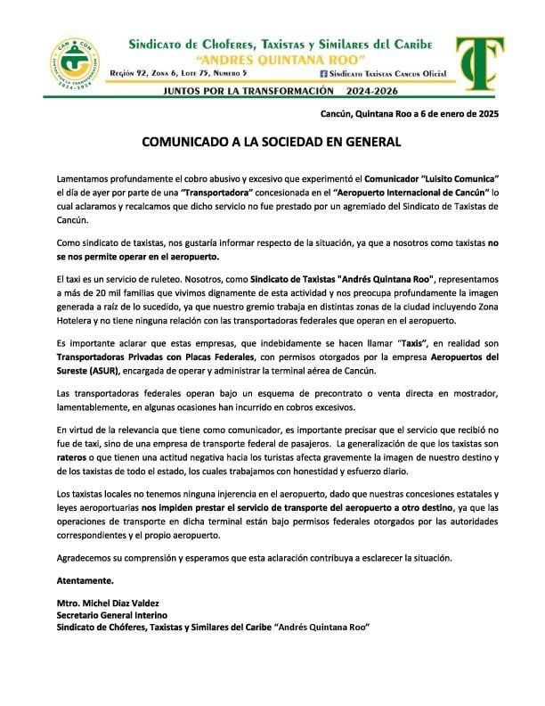 Comunicado del sindicato de taxistas de Cancún