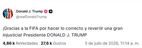 Trump agradece a FIFA revertir "una gran injusticia"