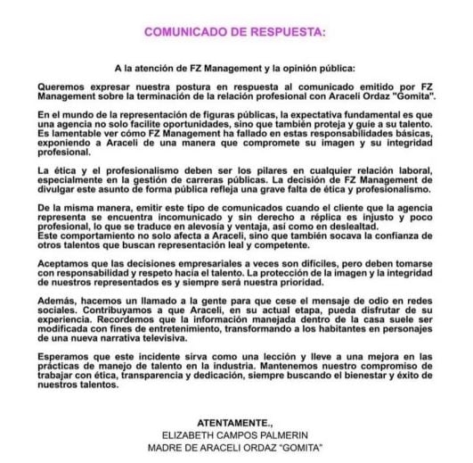 Comunicado de la mamá de Gomita