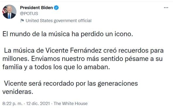 Joe Biden lamenta muerte de Vicente Fernández