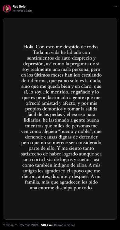 Mensaje de Red Solo sobre su estado depresivo.