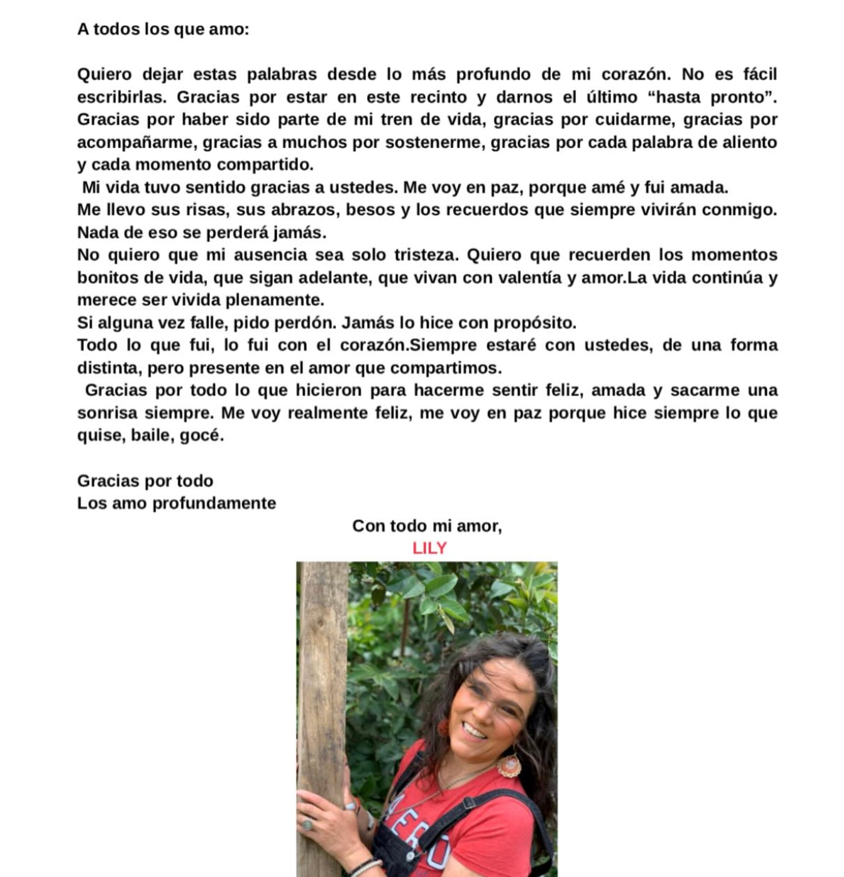 Lily Márquez dejó un mensaje de despedida para sus familiares