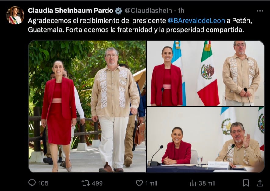Claudia Sheinbaum es recibida por el presidente de Guatemala, Bernardo Arévalo
