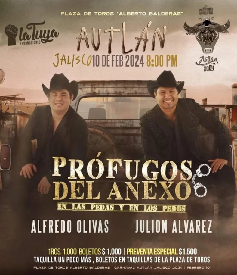Precio de boletos de Alfredo Olivas y Julión Álvarez en el Carnaval Autlán 2024