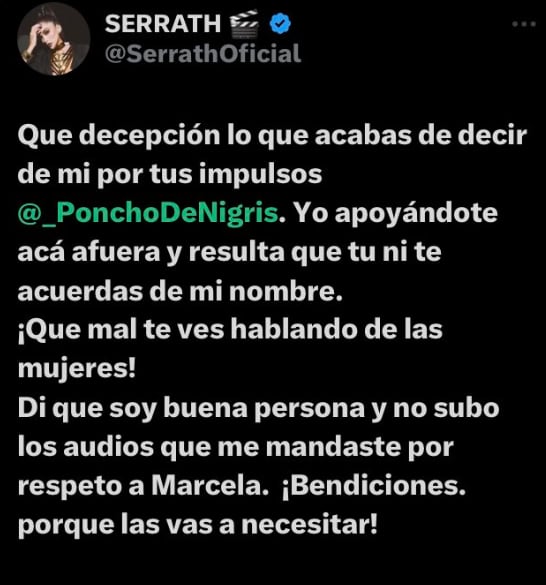 Serrath amenaza a Poncho de Nigris con exponer audios comprometedores de infidelidad