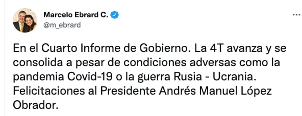 Marcelo Ebrard felicita a AMLO por su Cuarto Informe de Gobierno