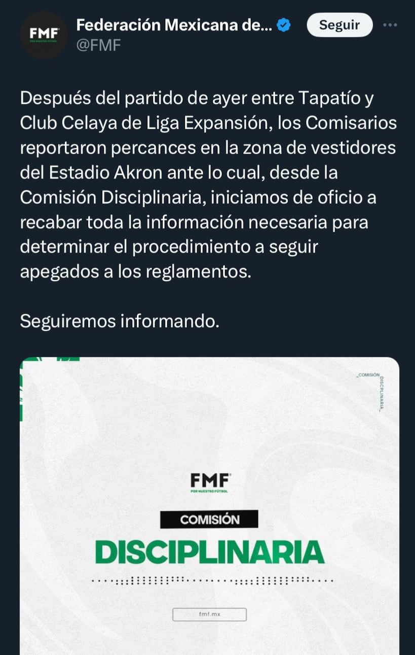 Comunicado de la Comisión Disciplinaria tras el partido Tapatío vs Celaya.