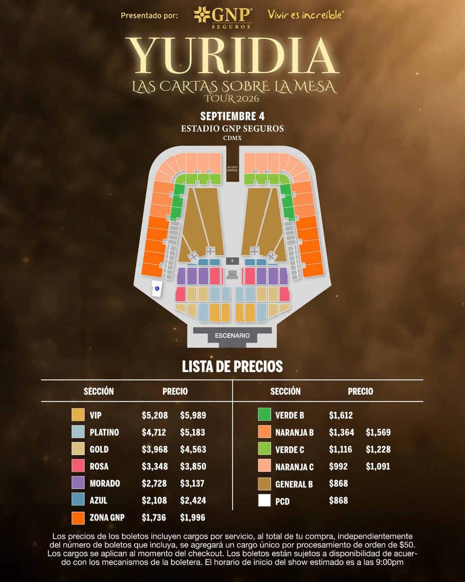 Precios de boletos para Yuridia en el Estadio GNP Seguros en la CDMX