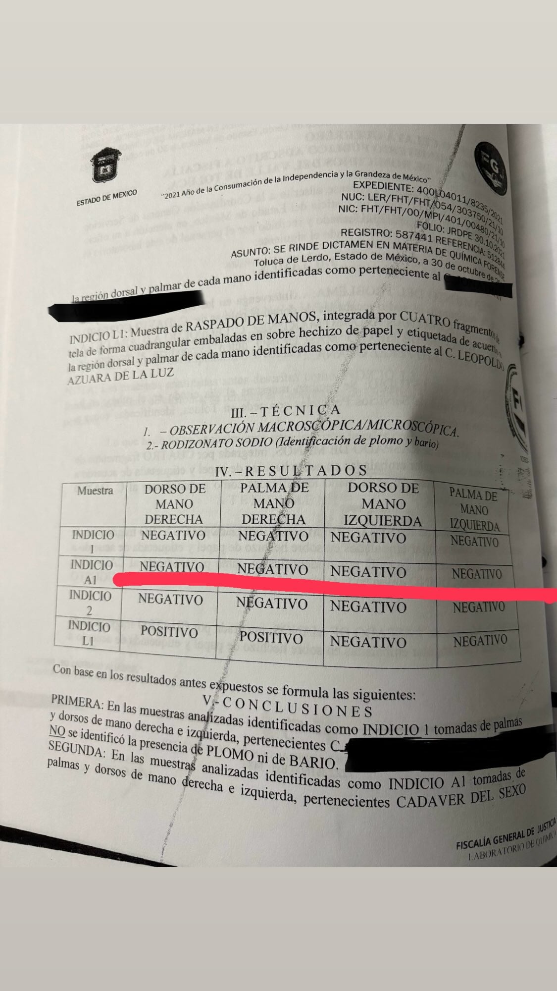 Prueba de rodizonato de sodio de Octavio Ocaña.