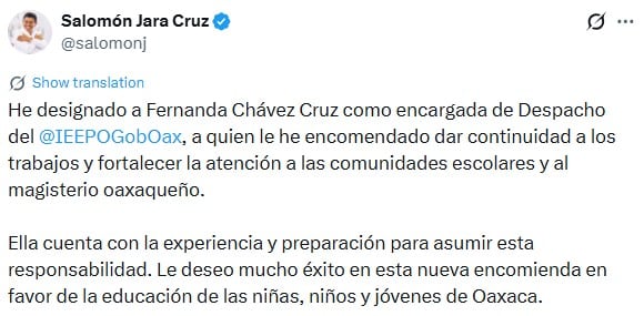 Salomón Jara designa a Fernanda Chávez Cruz como encargada de despacho del IEEPO