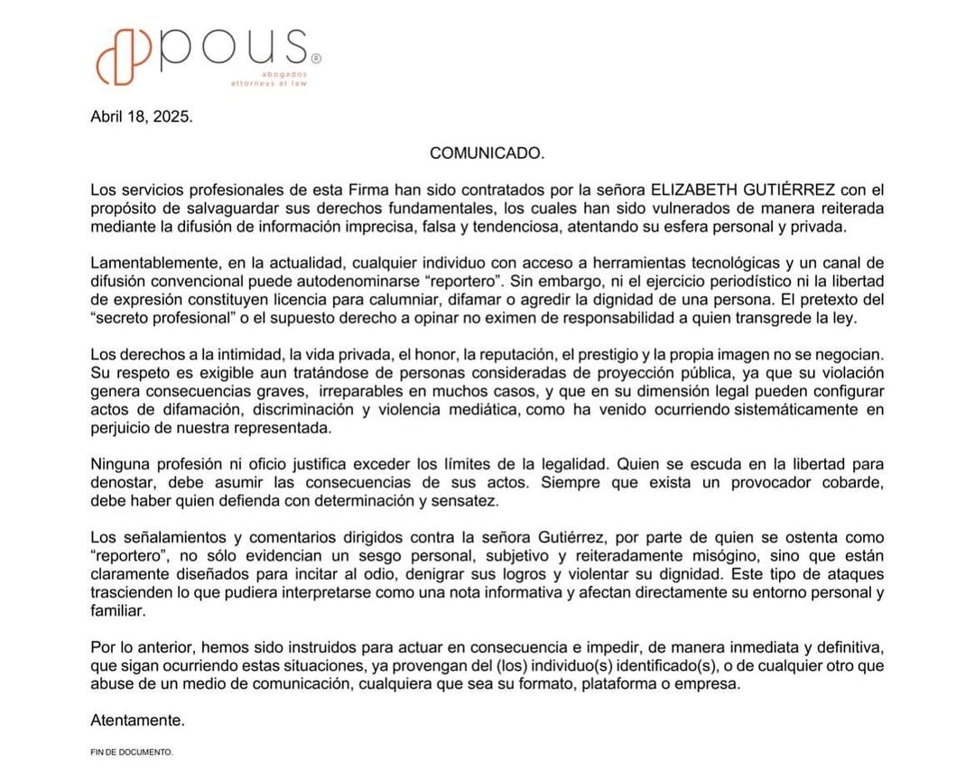 Comunicación de Elizabeth Gutiérrez tras arresto de William Levy.