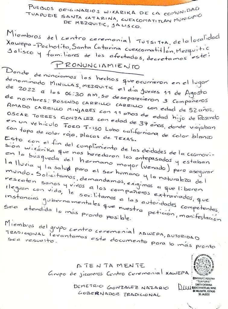 Exigen encontrar a los 9 wixaritari desaparecidos