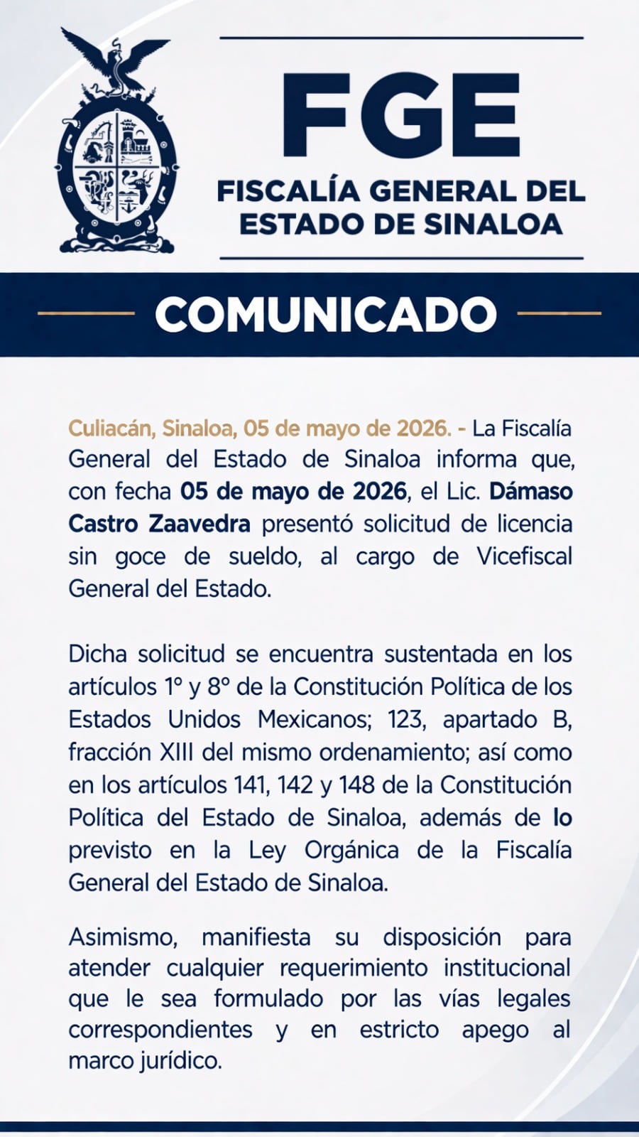 Dámaso Castro pide licencia a la Vicefiscalía de Sinaloa