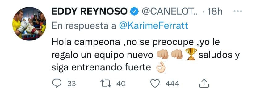 Respuesta de Eddy Reynoso al tweet en donde Karime Ferratt denuncia que le robaron.