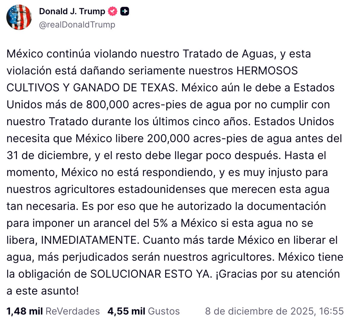 La nueva amenaza de Trump a México: arancel del 5% por el Tratado de Aguas