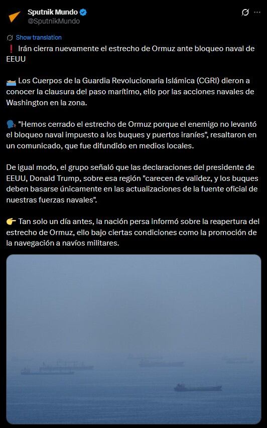 Irán vuelve a cerrar el estrecho de Ormuz tras bloqueo de Estados Unidos