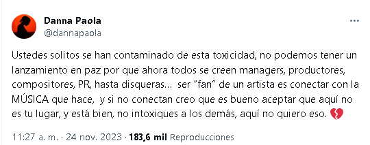 Danna Paola explota contra el fan que le criticó su nueva música.