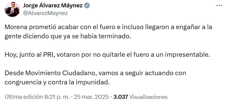 Jorge Álvarez Máynez reapareció aprovechando la votación de desafuero de Cuauhtémoc Blanco
