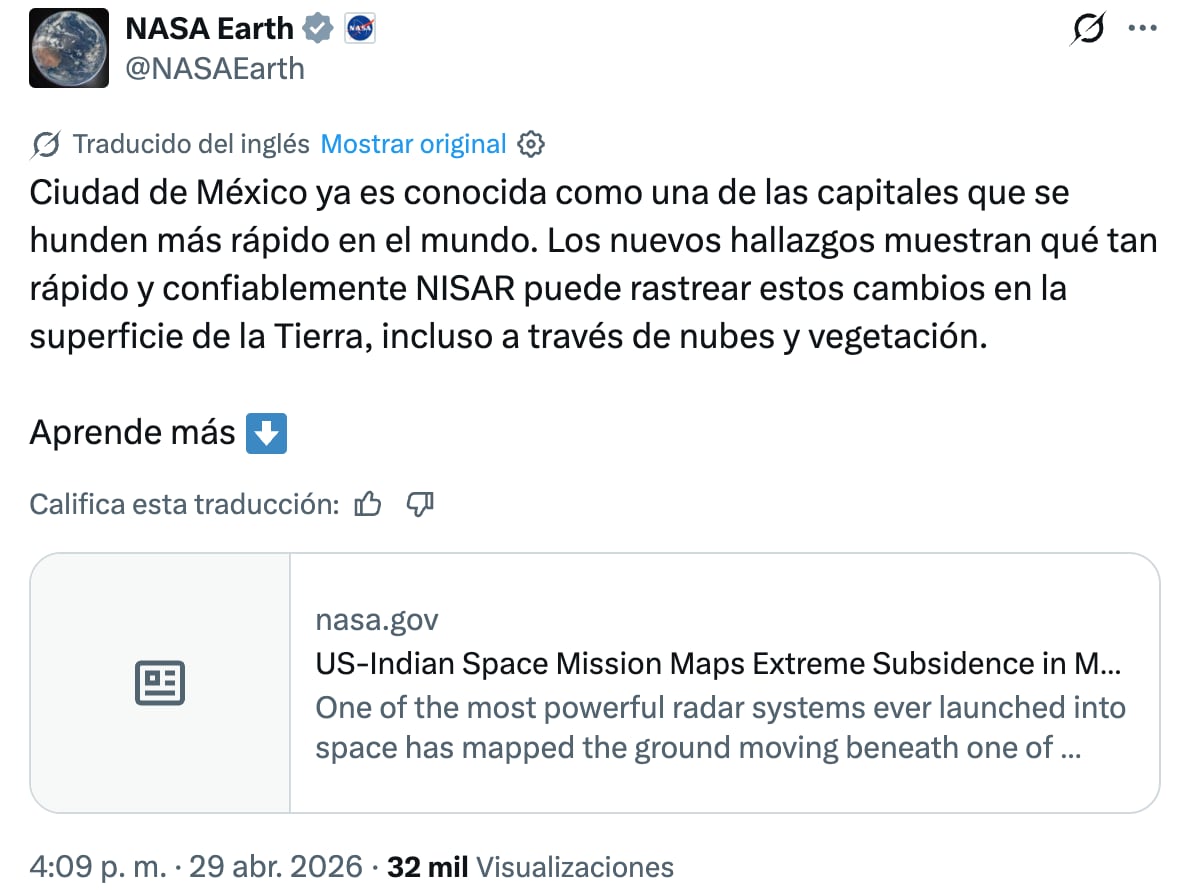 Radar NISAR de la NASA, revela aumento en la subsidencia de la CDMX