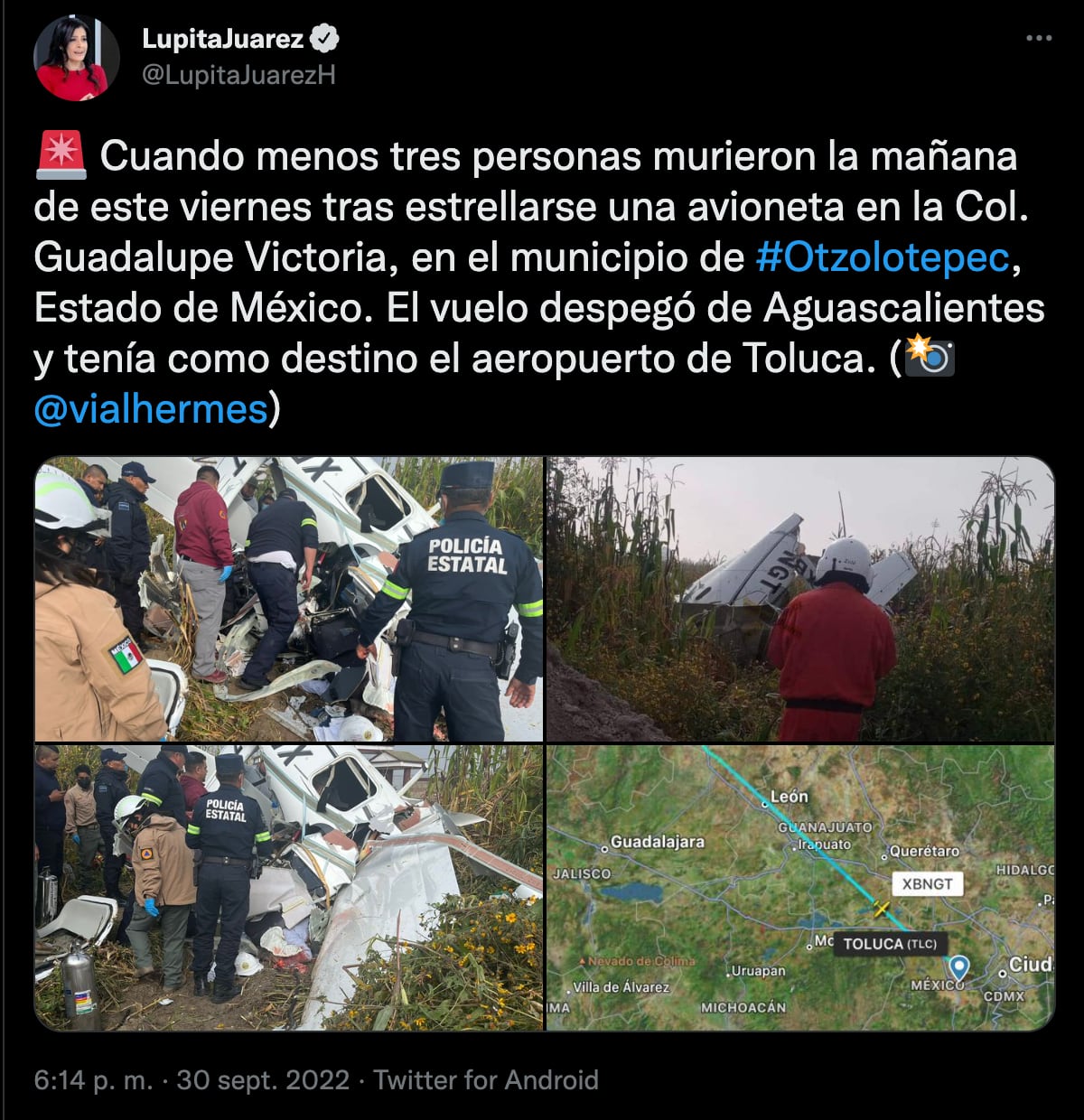 Avioneta se desploma en Otzolotepec, hay 3 muertos