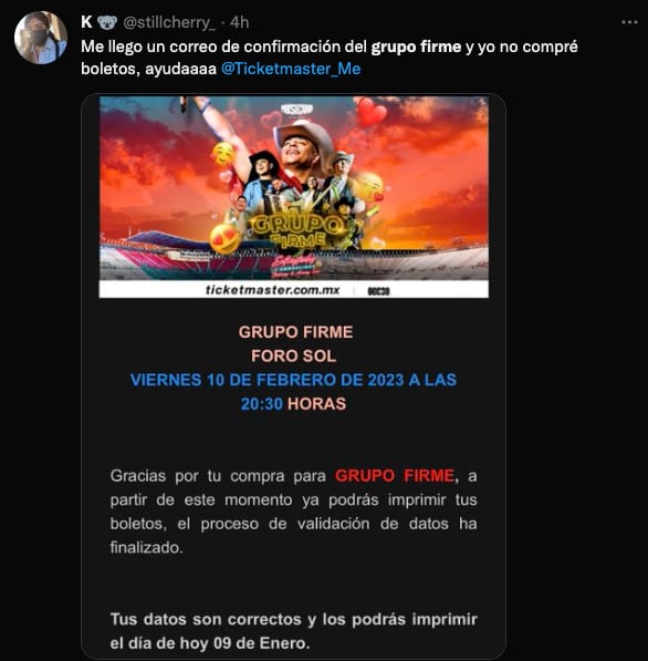 Ticketmaster envía correo de confirmación de compra a quien no lo hicieron