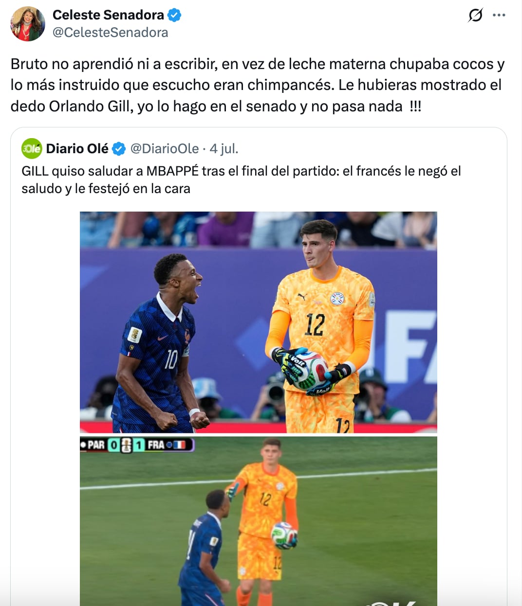 Celeste Amarilla, senadora de Paraguay, lanza insultos racistas a Kylian Mbappé