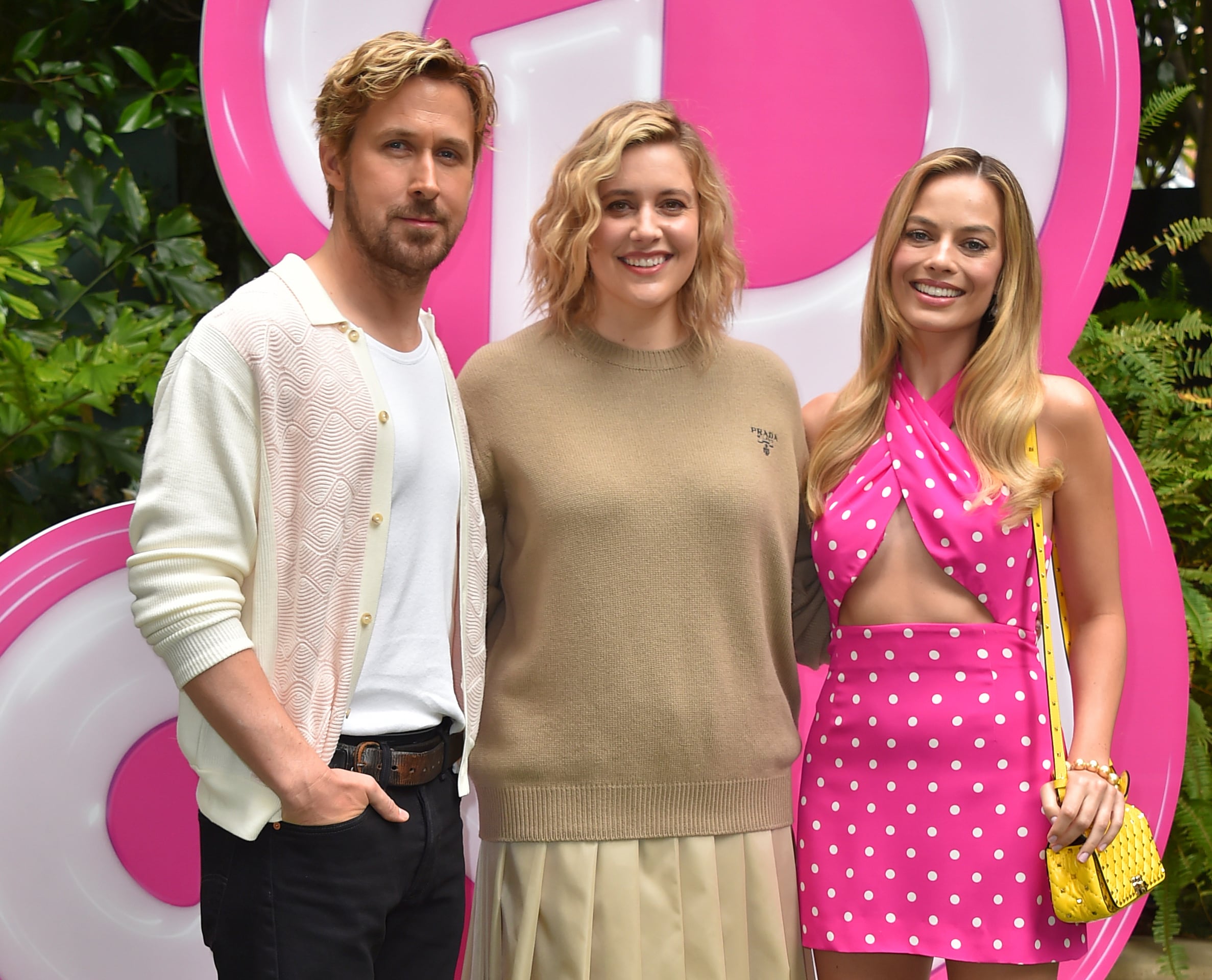Ryan Gosling, Greta Gerwig y Margot Robbie en su promoción de Barbie