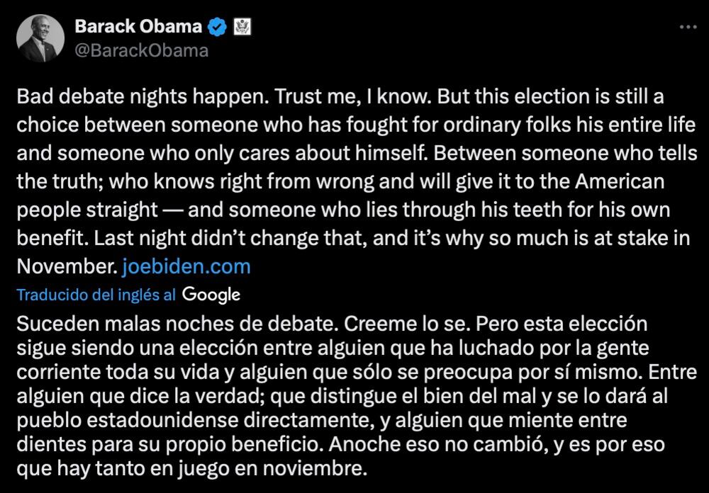 Publicación de Barack Obama sobre Joe Biden en el debate de Estados Unidos