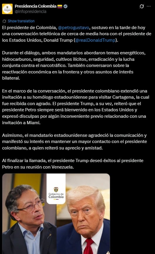 Trump recibe invitación de Gustavo Petro para ir a Colombia