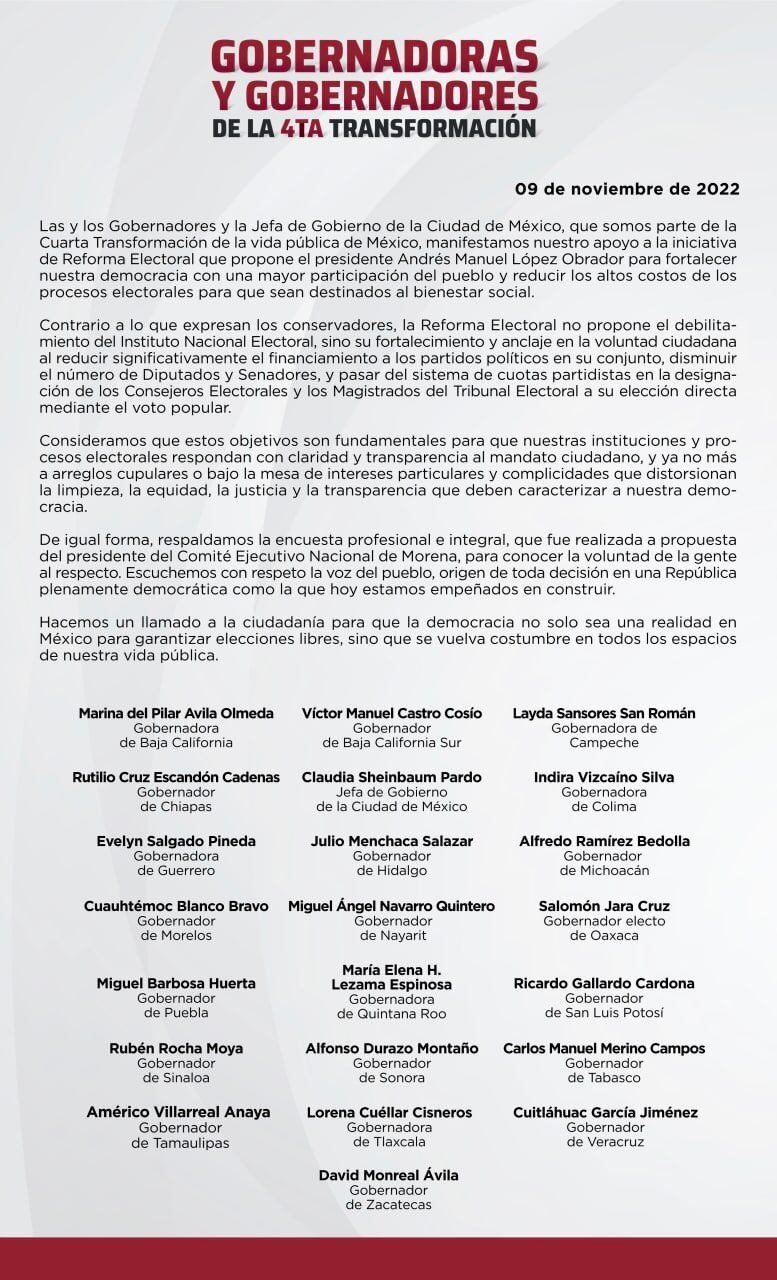 Claudia Sheinbaum y gobernadores de la 4T a favor de la Reforma Electoral