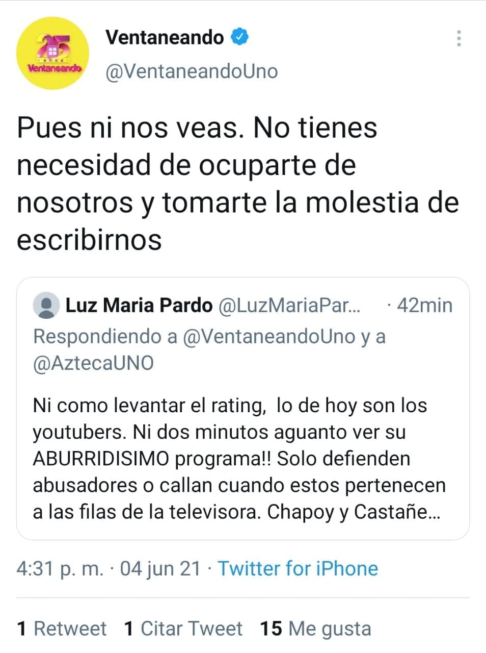 Respuesta de Ventaneando - Twitter