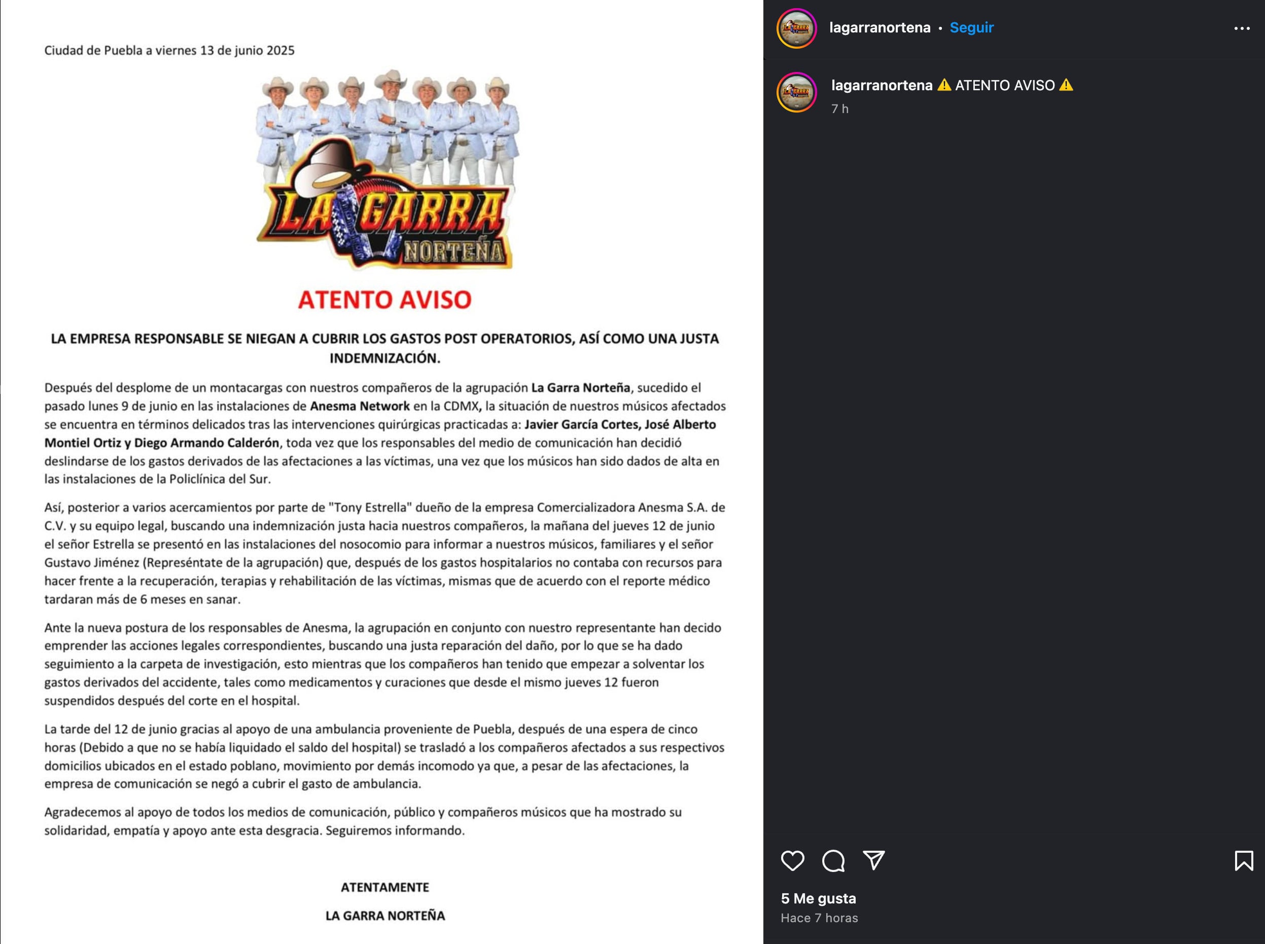 La Garra Norteña demandará a Anesma TV