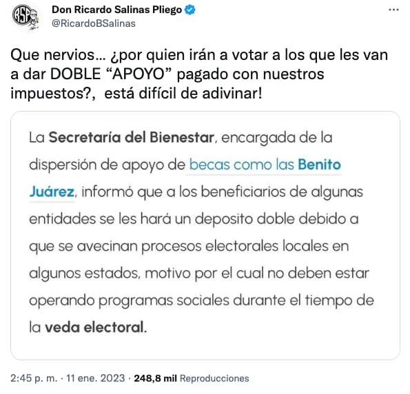 Ricardo Salinas estalla contra la Beca Benito Juárez por sus “depósitos dobles”