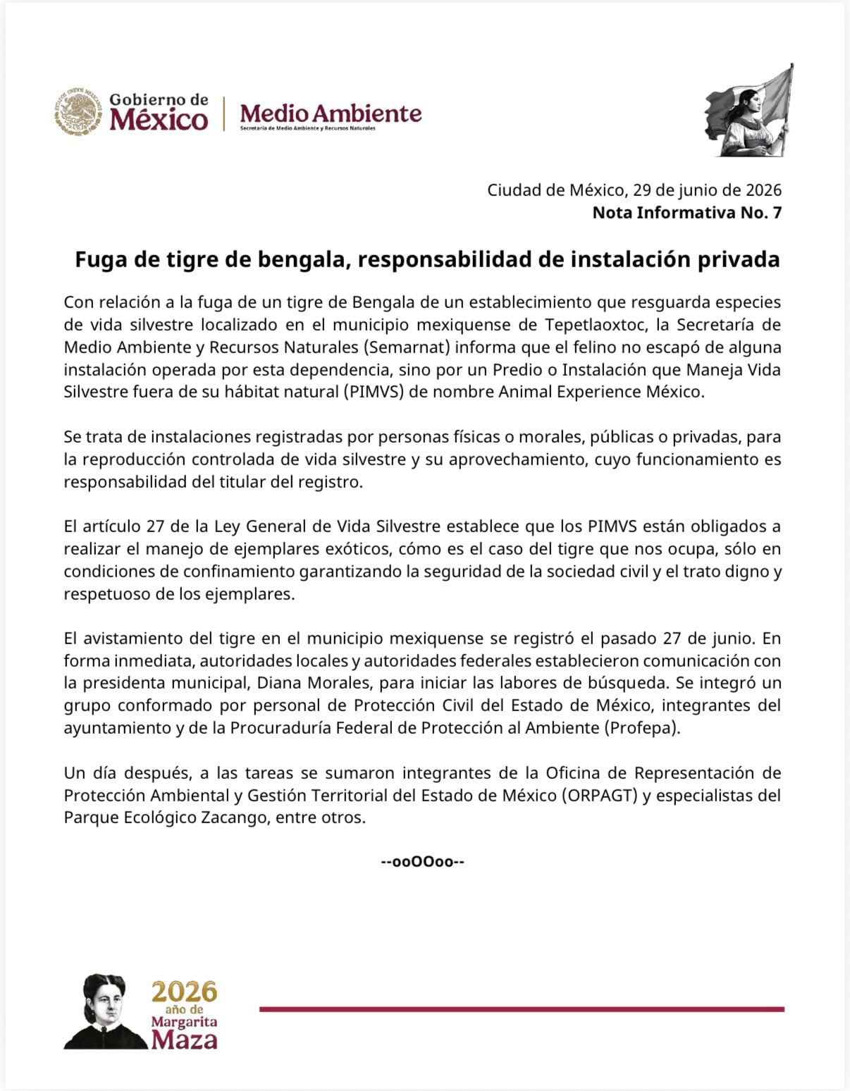 Semarnat niega responsabilidad por tigre que escapó en Tepetlaoxtoc