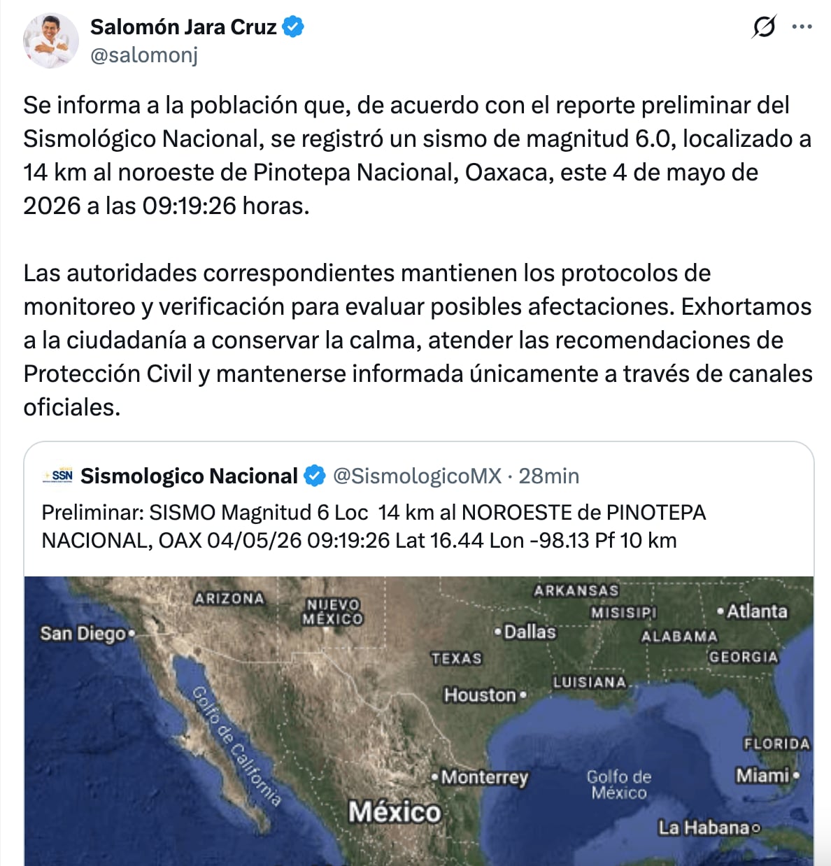 Pronunciamientos ante el sismo de 5.6 este 4 de mayo