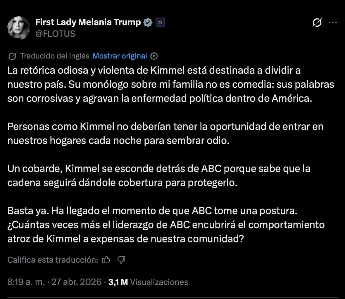 Melania Trump acusa de “odio” a Jimmy Kimmel y pide a ABC frenar su programa