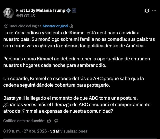 Melania Trump acusa de “odio” a Jimmy Kimmel y pide a ABC frenar su ...