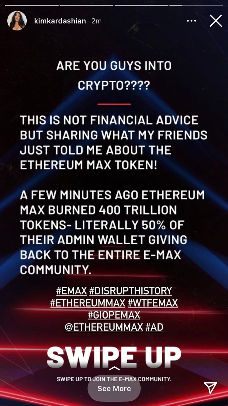 Kim Kardashian promoción de EthereumMax