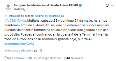 Aerotrén del AICM dejará de operar durante dos días por mantenimiento