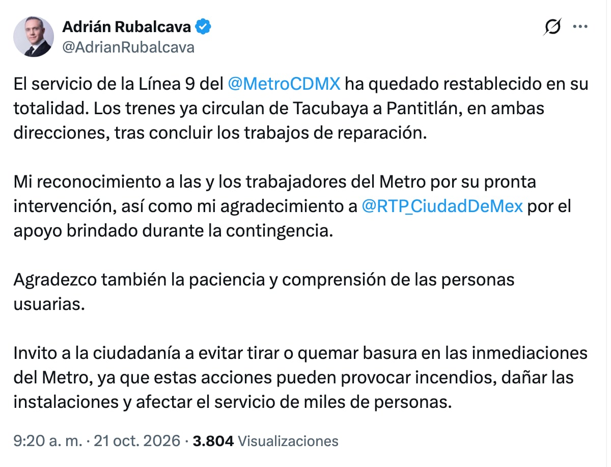 Línea 9 del Metro CDMX restablece servicio de Tacubaya a Pantitlán tras reparaciones