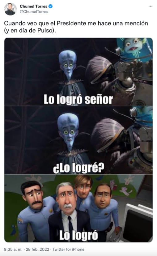 Tuit de Chumel Torres celebrando que fue mencionado en la mañanera del lunes 28 de febrero de 2022