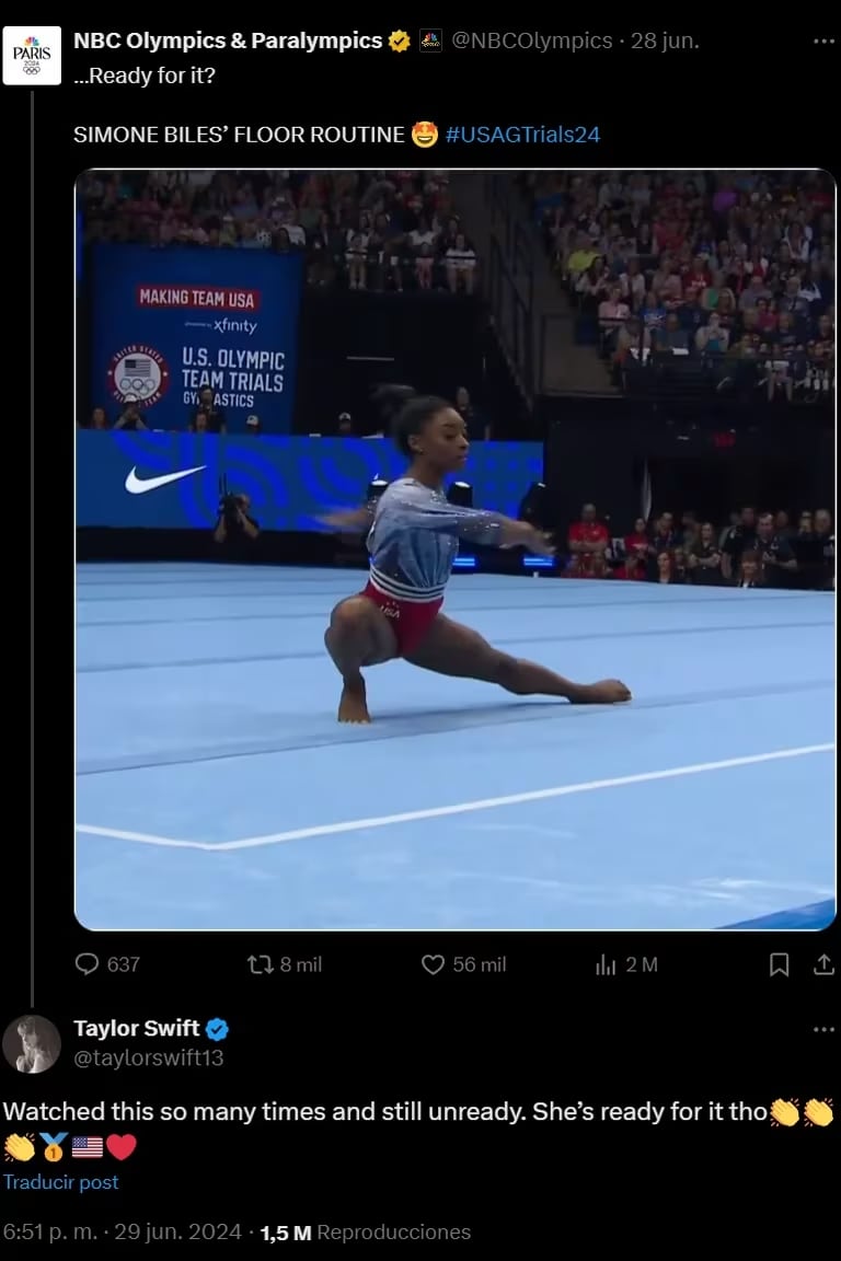 Taylor Swift reaccionó a la inclusión de su canción a la rutina de Simone Biles