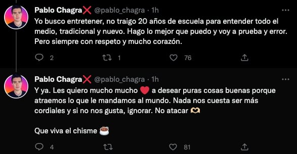 Pablo Chagra le desea lo mejor al mundo, pero tampoco es 'dejado