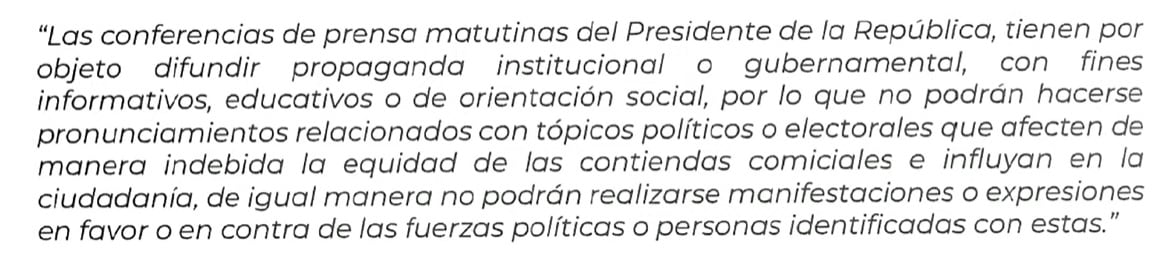 Mensaje que el INE quiere que AMLO coloque al inicio de sus mañaneras