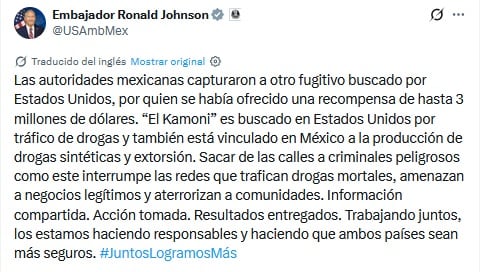 Ronald Johnson celebra la detención de El Kamoni por autoridades mexicanas.