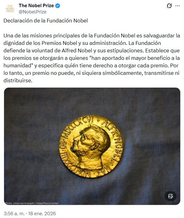 “Premio Nobel no puede transmitirse”, asegura organismo tras regalo de María Corina Machado a Trump